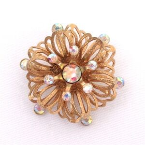 Vintage flower brooch AB rhinestones 3d gold tone floral pin aurora borealis